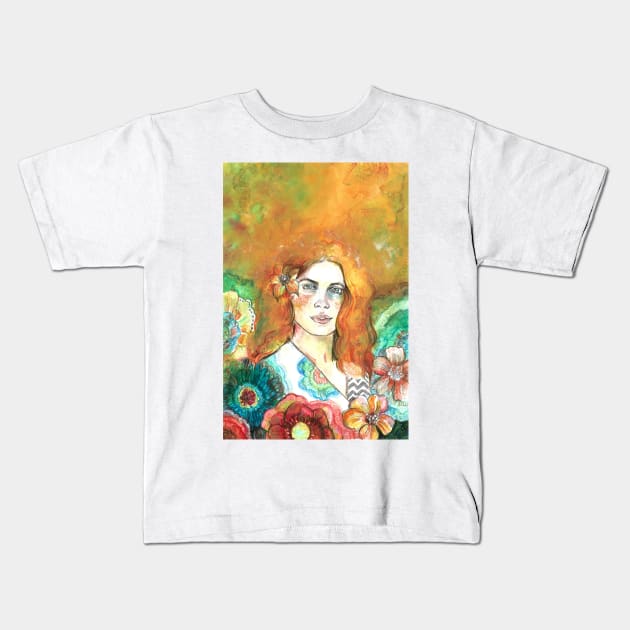 Red Hair and Flowers Kids T-Shirt by FanitsaArt